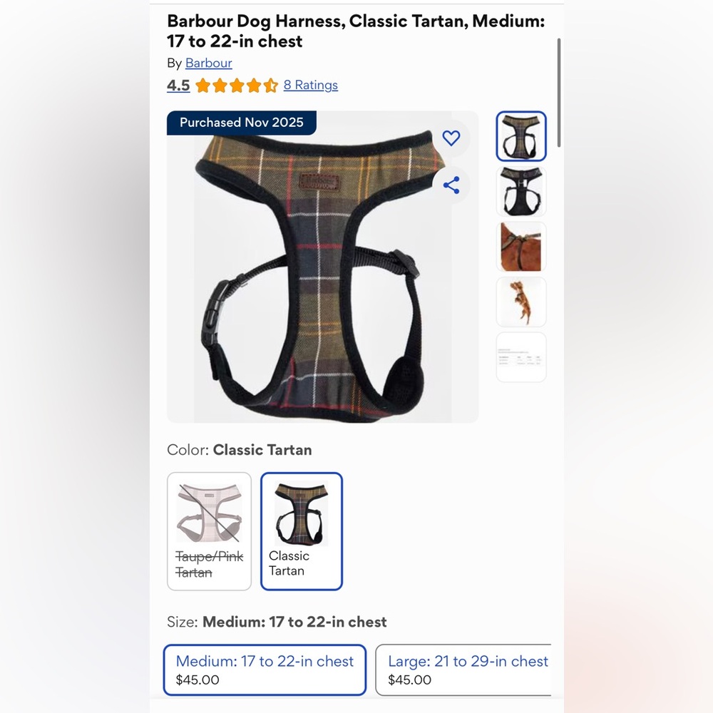 Barbour Classic Tartan Dog Harness - Large